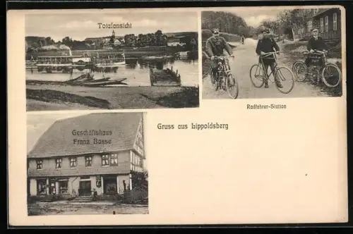AK Lippoldsberg, Geschäft von Franz Bosse, Radfahrer-Station und Totalansicht