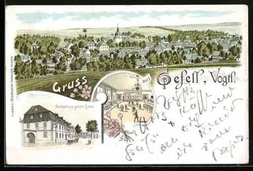 Lithographie Gefell /Vogtl., Gasthof zum grünen Baum, Saal, Totalansicht