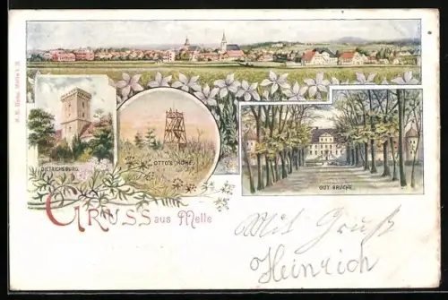 Lithographie Bad Melle, Gut Bruche, Otto's Höhe, Dietrichsburg, Totalansicht