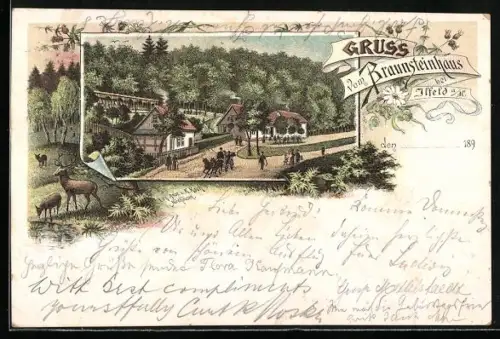 Lithographie Ilfeld, Blick zum Gasthof Braunsteinhaus