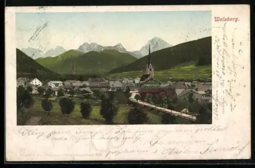 AK Welsberg, Ortsansicht mit Kirche u. Umgebung aus der Vogelschau