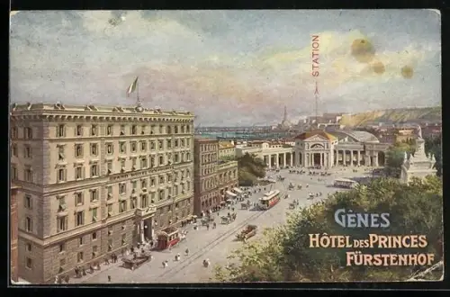 AK Genova, Hotel des Princes, Fürstenhof, Strassenbahn