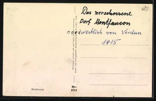 AK Montfaucon /Verdun, Ruinen mit Soldaten und Kirche, 1915