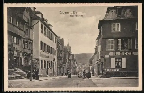 AK Zabern, Hauptstrasse mit Laden H. Beck und Apotheke