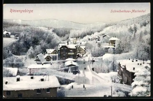 AK Schreiberhau-Mariental, verschneite Ortschaft im Riesengebirge