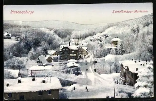 AK Schreiberhau-Mariental, verschneite Ortschaft im Riesengebirge