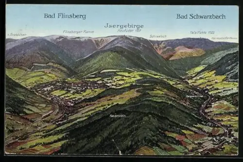 AK Bad Flinsberg, Isergebirgs-Panorama mit Bad Flinsberg und Bad Schwarzbach, Heufuder, Hasenstein