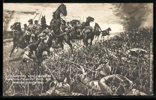 Künstler-AK Zurückweisung einer russischen Kavallerie-Patrouille durch drei deutsche Infanteristen