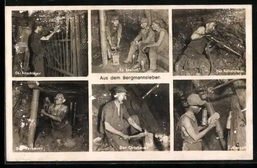 AK Aus dem Bergmannsleben, Szenen unter Tage: Anschläger, Kohlenhauer, Es brennt