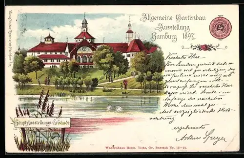 Lithographie Hamburg, Allg. Gartenbau-Ausstellung 1897, Hauptausstellungsgebäude