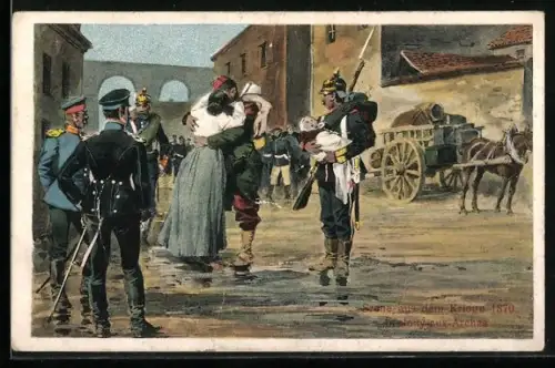 Künstler-AK Jouy-aux-Arches, Soldat verabschiedet sich von seiner Frau, 1870