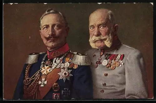Künstler-AK Kaiser Franz Josef I. von Österreich und Kaiser Wilhelm II. in Uniform, Zweibund
