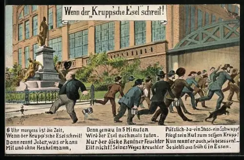 Künstler-AK Essen /Ruhr, Gebäude mit Passanten, Gedicht