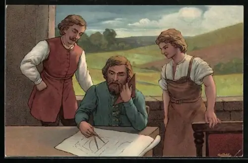 AK Zeichnender Baumeister mit Gehilfen, Zirkel, Geodreieck, Landschaftsblick