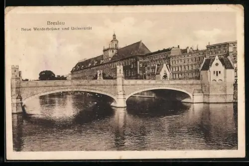 AK Breslau, Neue Werderbrücke und Universität vom Wasser aus