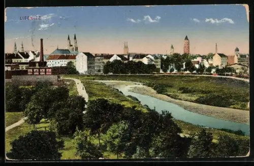AK Liegnitz, Stadtpanorama vom Fluss aus