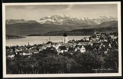 AK Thalwil, Gesamtansicht mit den Alpen