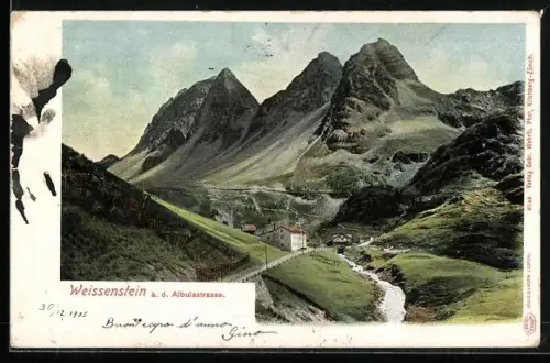 AK Weissenstein a. d. Albulastrasse, Teilansicht mit Bach und Bergspitzen