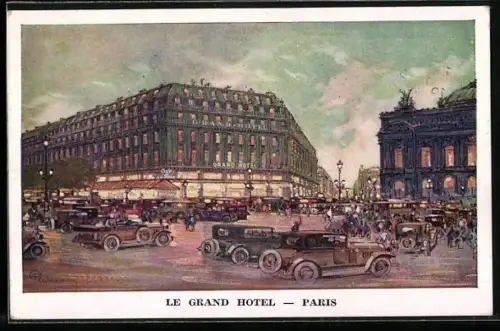 Künstler-AK Paris, Autos vor dem Grand Hotel