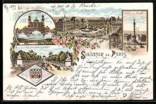 Lithographie Paris, Le Trocadero, Le Louvre, Colonne de Juillet, Les Champs