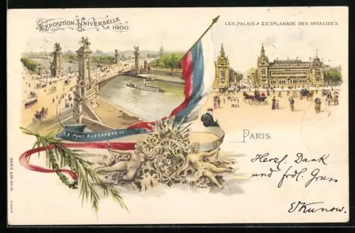 Lithographie Paris, Exposition universelle de 1900, Les Palais a L`Esplanade des Invalides