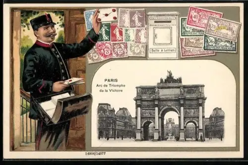 AK Paris, Arc de Triomphe de la Victoire, Briefmarken und Briefträger