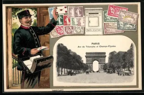 AK Paris, Arc de Triomphe et Champs-Elysées, Postboote, Briefkasten und Briefmarken