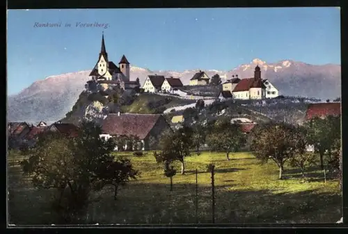 AK Rankweil, Blick zwischen Bäumen hindurch auf den Ort