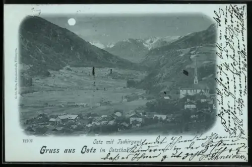Mondschein-AK Oetz im Oetzthal, Ortsansicht mit Tschirgant