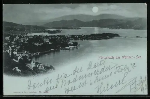 Mondschein-AK Pörtschach am Wörther-See, Ortsansicht aus der Vogelschau