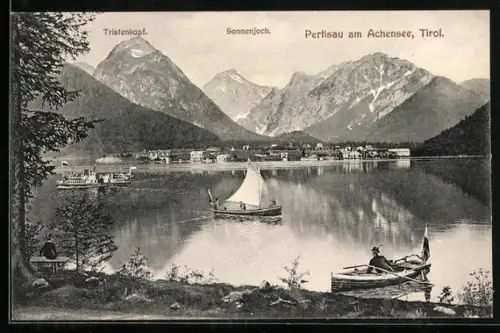 AK Pertisau am Achensee, Panorama mit Tristenkopf und Sonnenjoch
