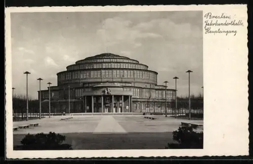 AK Breslau, Jahrhunderthalle, Blick zum Haupteingang