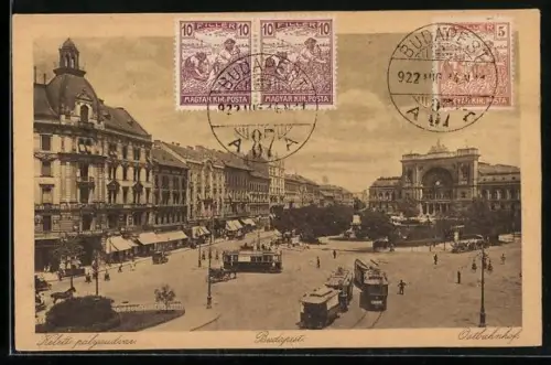 AK Budapest, Ostbahnhof mit Strassenbahnen