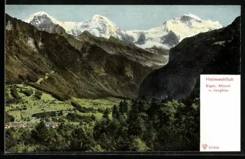 AK Heimwehfluh, Blick zum Ort mit Eiger, Mönch u. Jungfrau
