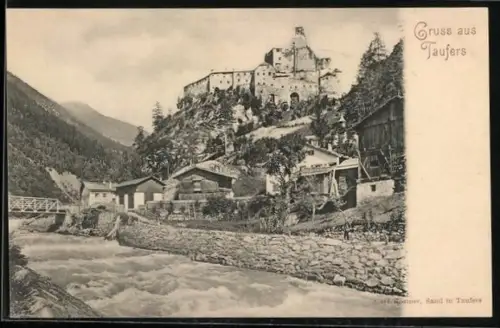 AK Sand in Taufers, Ortspartie mit Fluss und Brücke