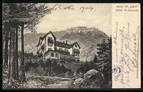 AK Barr, Hotel St. Jakob mit Waldpartie
