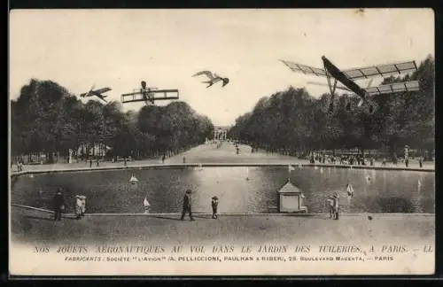 AK Nos Jouets Aéronautiques au vol dans le Jardin des Tuileries, Flugzeuge