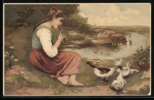 Künstler-AK Meissner & Buch (M&B) Nr. 1457: Gänselies`l, Motiv mit Flöte