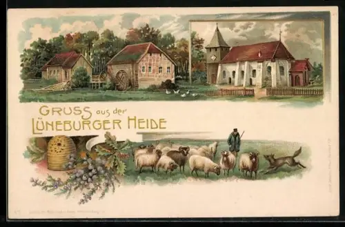 Lithographie Imkerei und Schafsherde in der Lüneburger Heide