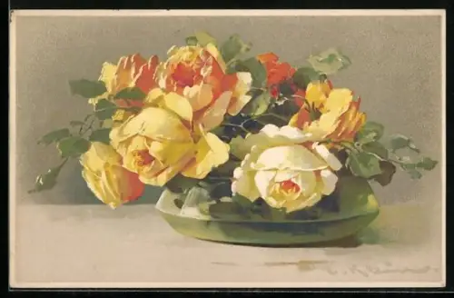 Künstler-AK Catharina Klein: Gelbe Rosen in einer Vase
