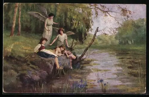 Künstler-AK E. Schneider: Schutzengel wachen über Kinder am Wasser