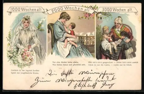 Lithographie Frau im Alter von 1000, 2000 und 3000 Wochen, Vergänglichkeit