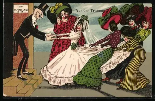 AK Braut vor dem Standesamt im Brautkleid wird von Frauen weggezogen