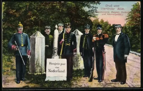 AK Vierländereck zwischen Deutschland, Belgien, Holland und neutralem Gebiet, Zollbeamte an den Grenzsteinen
