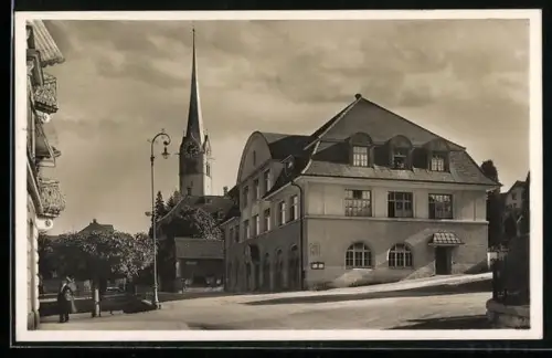 AK Horgen, Strassenpartie mit dem Gemeindehaus und der Kirche