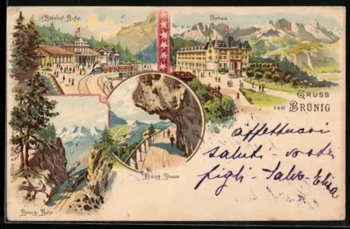 Lithographie Brünig, Kurhaus, Bahnhof-Buffet, Brünig-Bahn