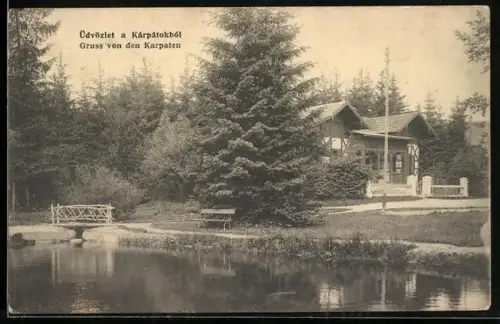 AK Karpaten, Uferpartie mit Haus