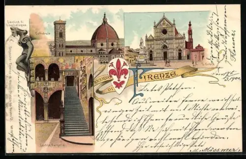 Lithographie Firenze, S. Groce, Cortile Bargello, Cattedrale, Diavolina di Giambologna