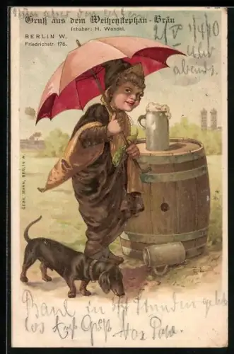 Lithographie Münchner Kindl mit Bier leckendem Dackel