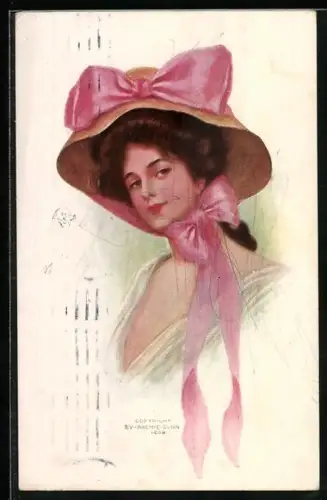 Künstler-AK Dame mit rosa Schleife und einem grossen Hut